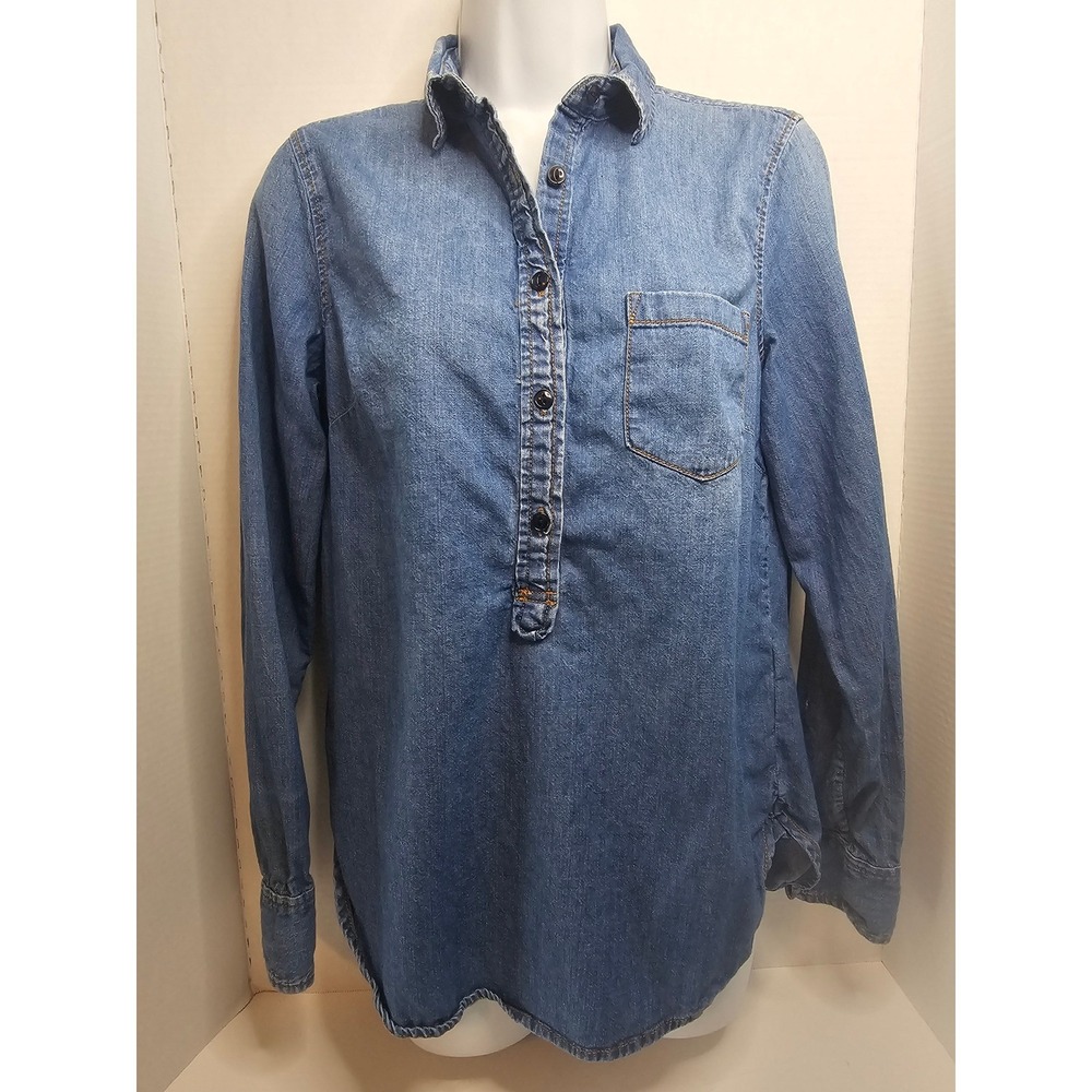 J.Crew Pop Over Denim Shirt Long Sleeve Button Half Button Down SZ 4 Chambray